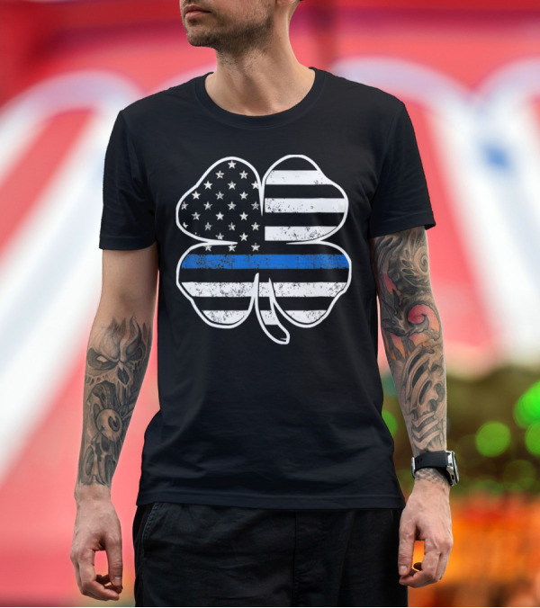 Premium T-Shirt: Police Flag Thin Blue Line Shamrock T-Shirt Police Flag Thin Blue Line Shamrock T-Shirt