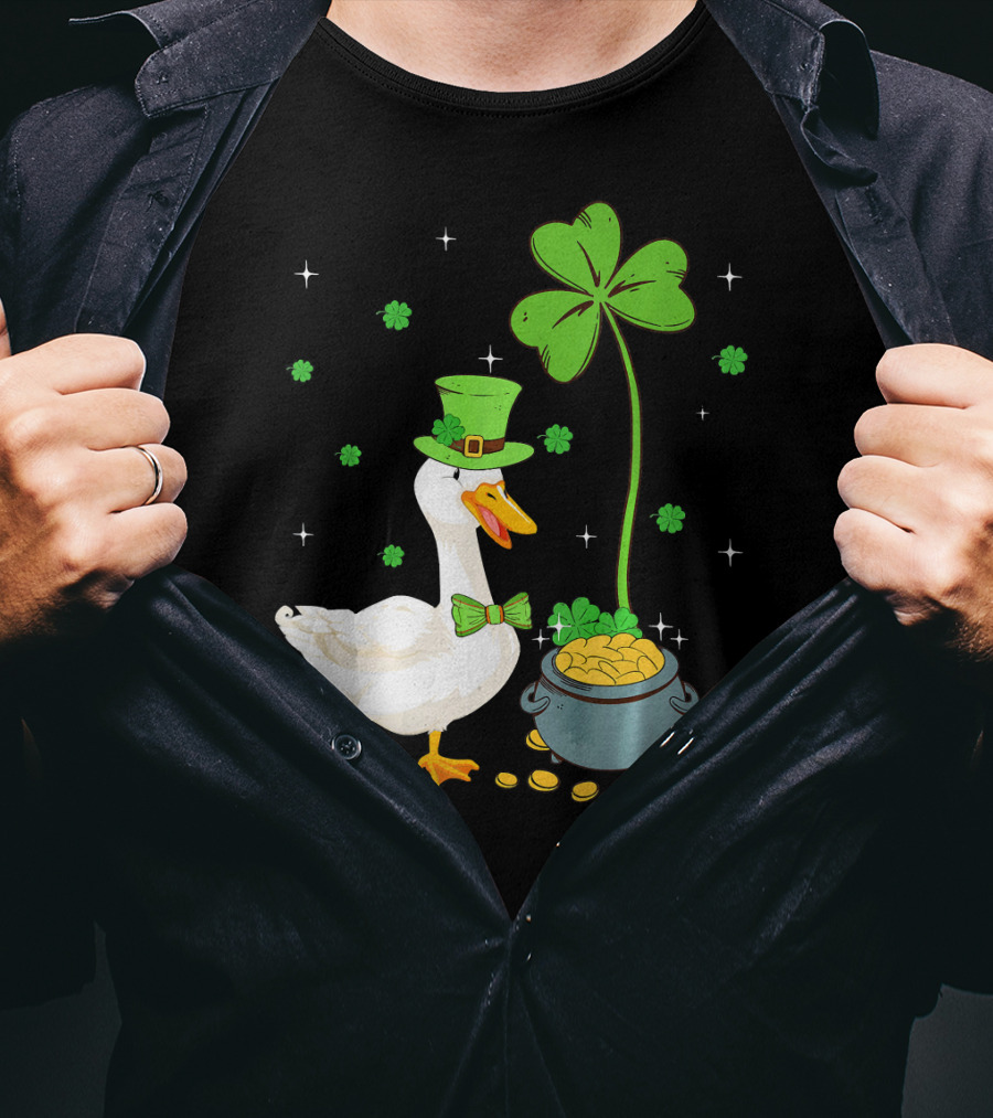 Shamrock Duck With Leprechaun Hat And Pot Of Gold T-Shirt