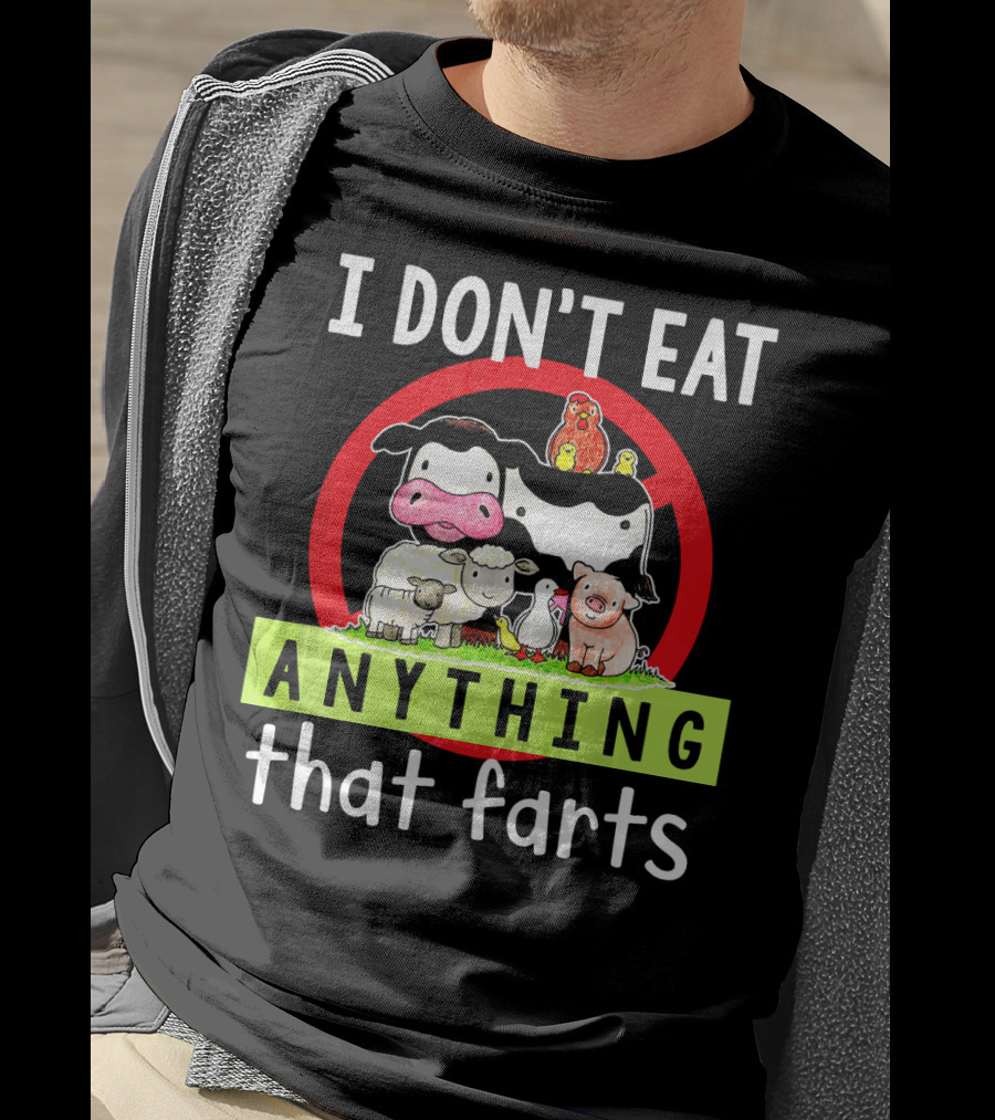 I Don't Eat Anything That Farts Vegetaria Cow Sheep Pig Chicken Cartoon T-Shirt