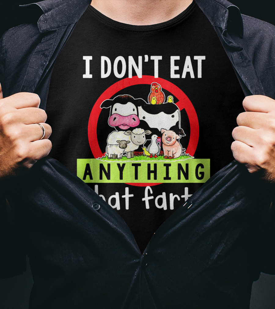 I Don't Eat Anything That Farts Vegetaria Cow Sheep Pig Chicken Cartoon T-Shirt