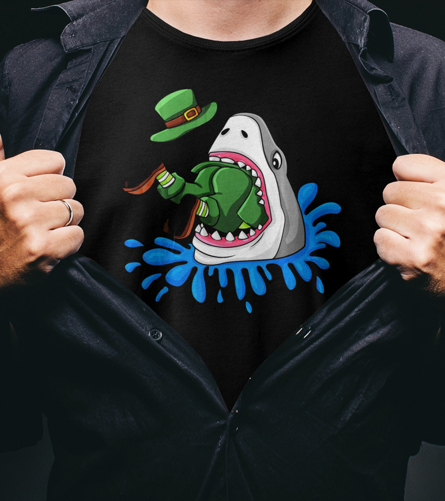 Shark Swallowing Green Leprechaun Hat Splashing Water T-Shirt