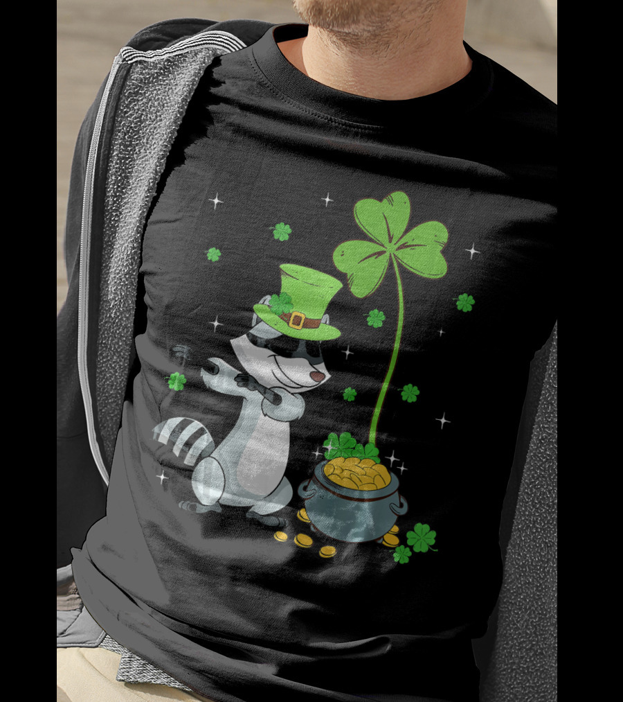 Shamrock Leprechaun Raccoon With Pot Of Gold And Clover St Patricks T-Shirt