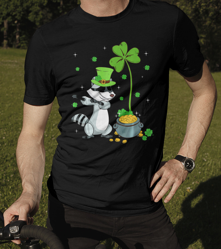 Shamrock Leprechaun Raccoon With Pot Of Gold And Clover St Patricks T-Shirt