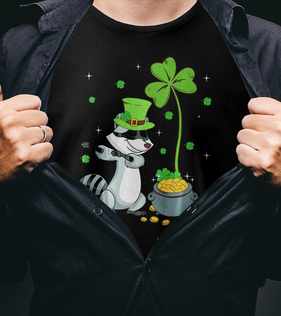 Shamrock Leprechaun Raccoon With Pot Of Gold And Clover St Patricks T-Shirt