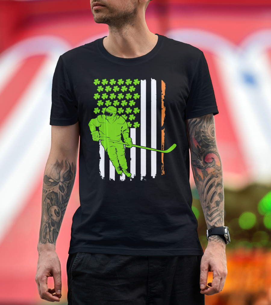 Irish American Flag St Pat Hockey Player Shamrock Stars T-Shirt