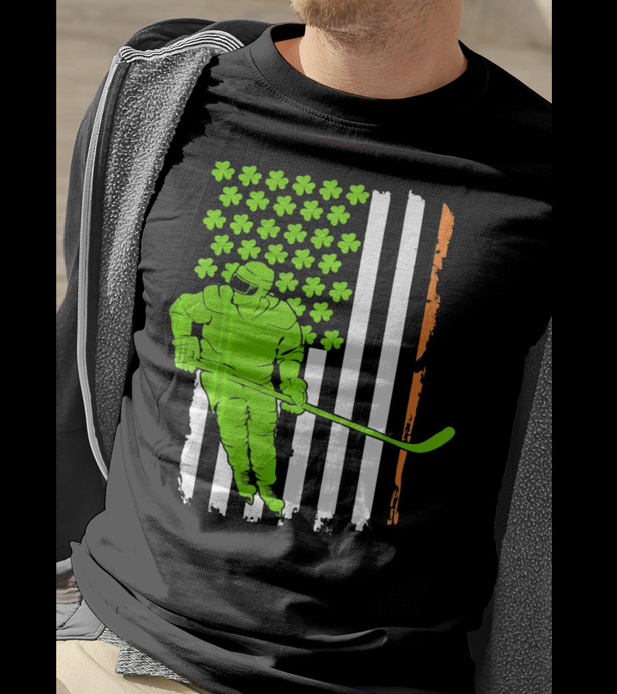 Irish American Flag St Pat Hockey Player Shamrock Stars T-Shirt