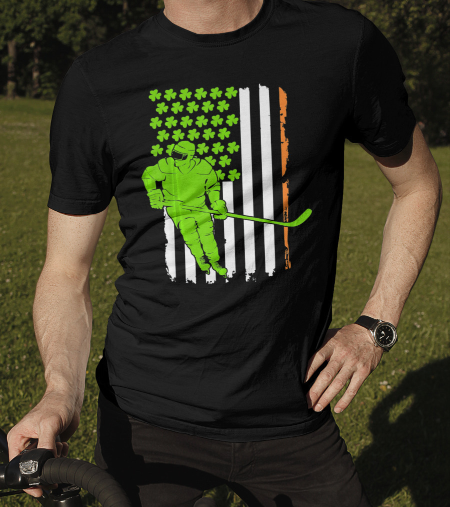 Irish American Flag St Pat Hockey Player Shamrock Stars T-Shirt