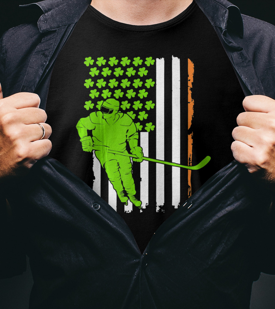 Irish American Flag St Pat Hockey Player Shamrock Stars T-Shirt