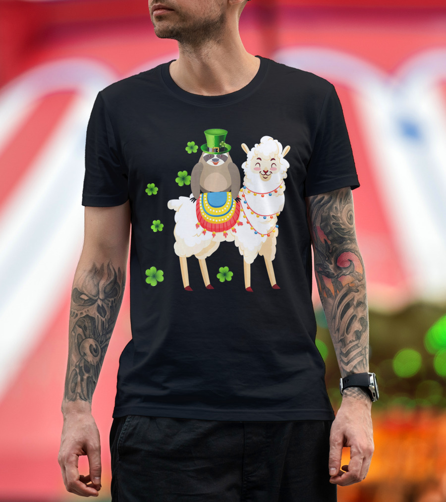 Leprechaun Sloth Riding Llama St Patrick's Day with Shamrocks T-Shirt