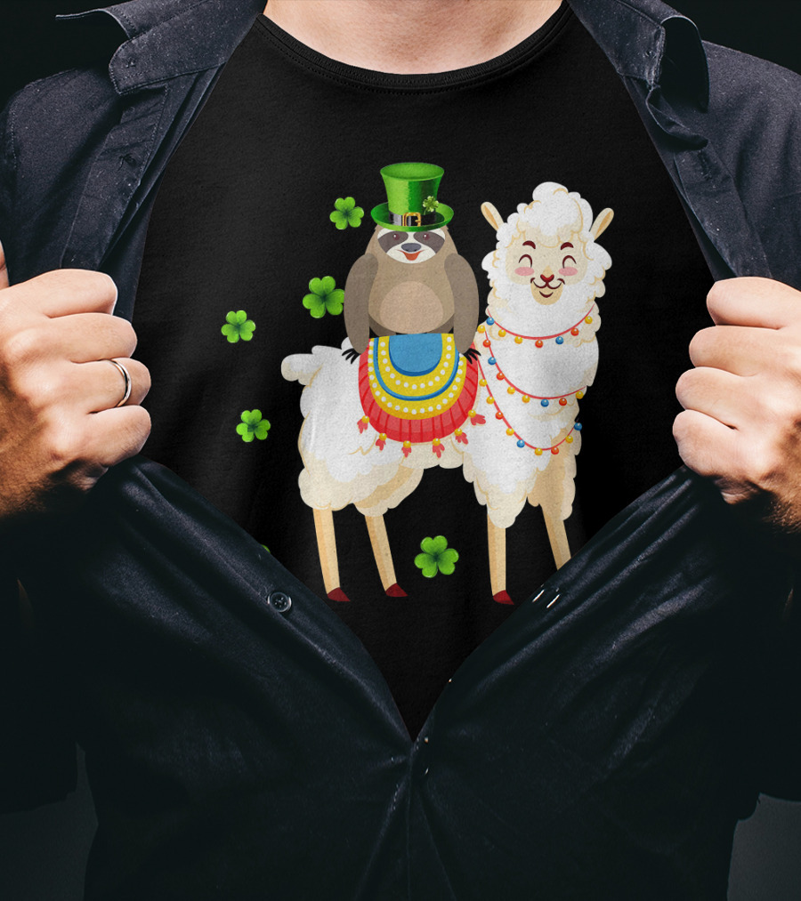 Leprechaun Sloth Riding Llama St Patrick's Day With Shamrocks T-Shirt