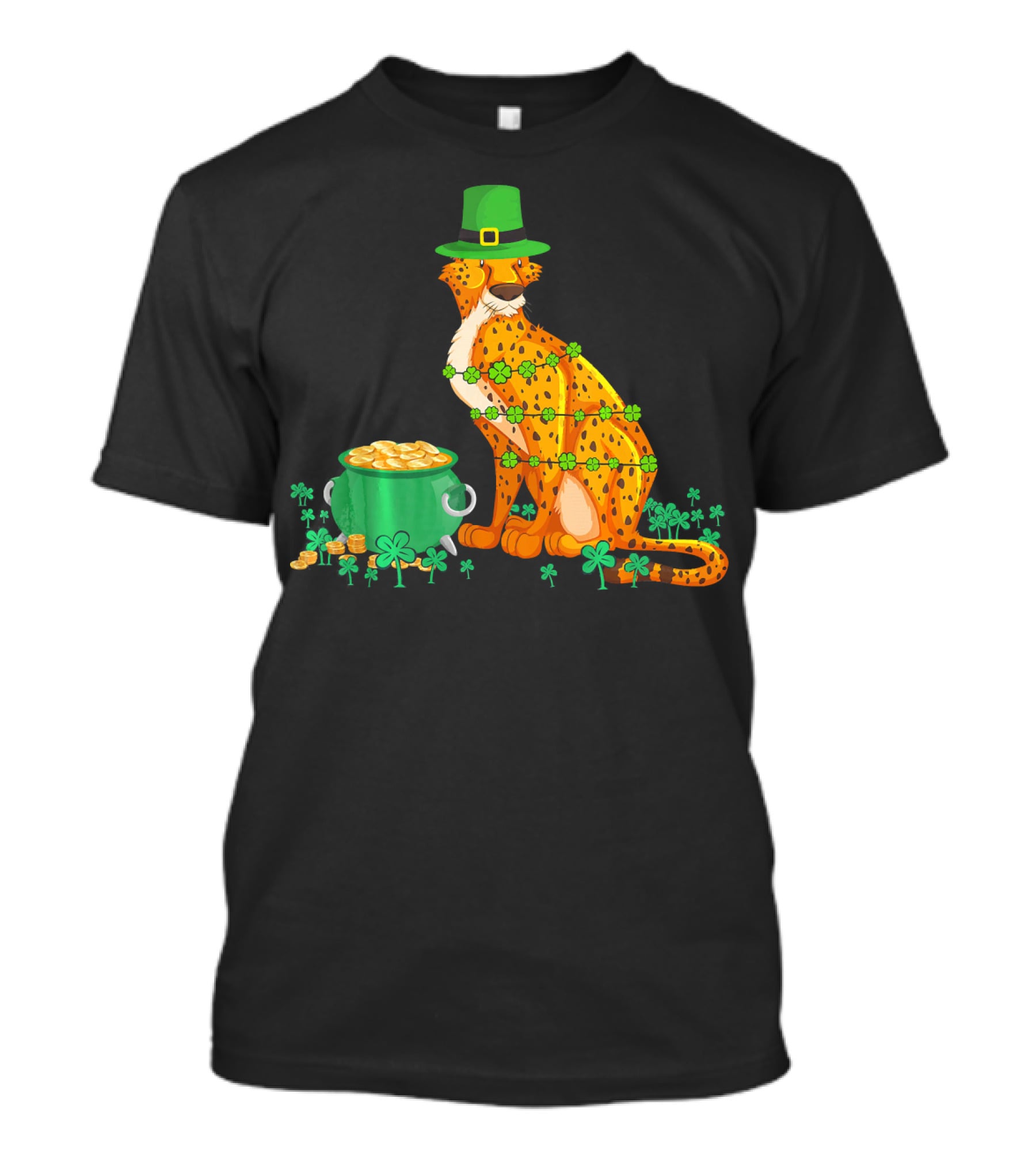 Leprechaun Cheetah Covered In Shamrocks With Pot Of Gold T-Shirt