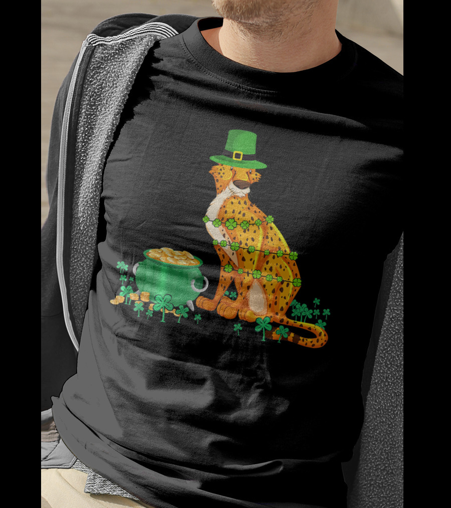 Leprechaun Cheetah Covered In Shamrocks With Pot Of Gold T-Shirt