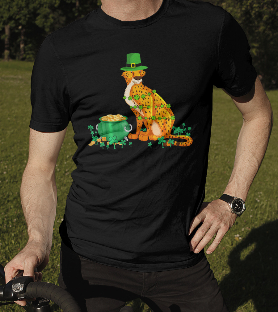 Leprechaun Cheetah Covered In Shamrocks With Pot Of Gold T-Shirt