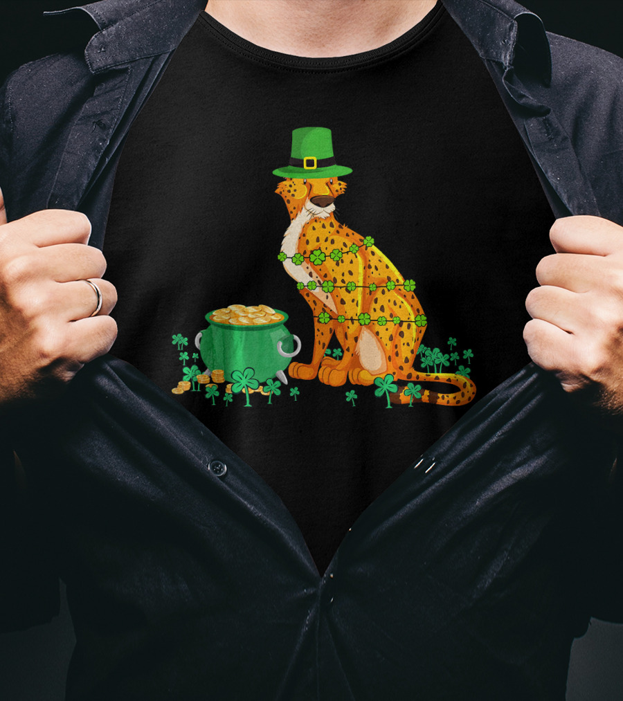 Leprechaun Cheetah Covered In Shamrocks With Pot Of Gold T-Shirt