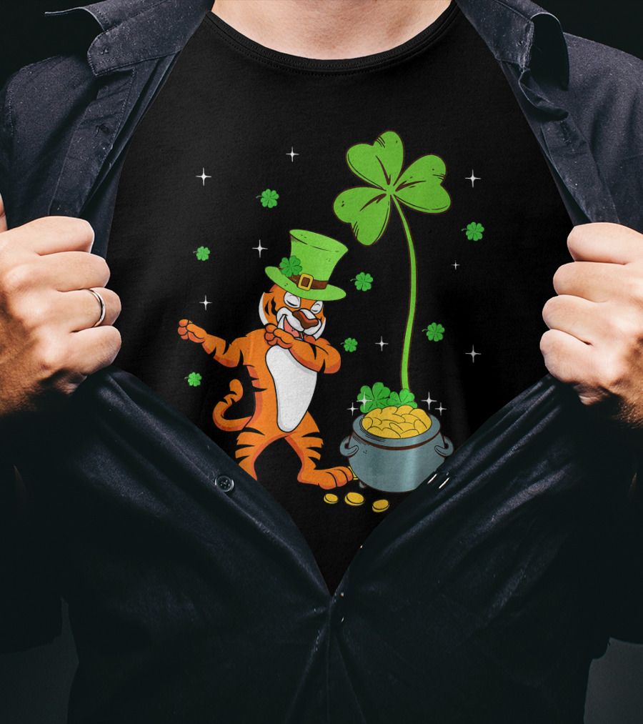 Shamrock Leprechaun Tiger St Patricks Gold Pot T-Shirt