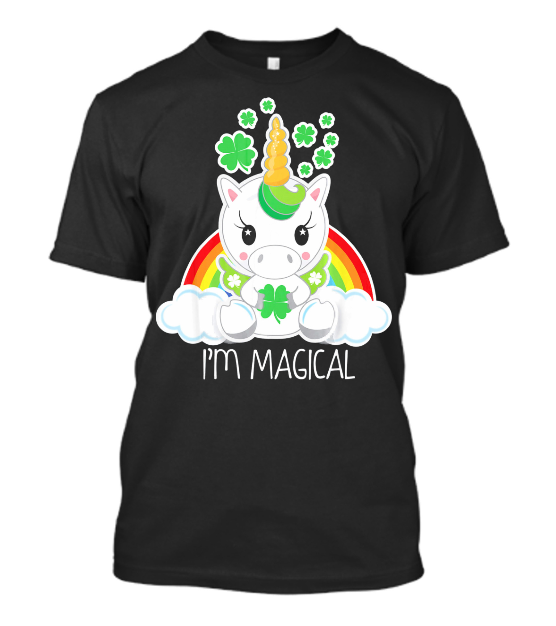 Girls Cute Unicorn I'm Magical Rainbow Clover T-Shirt