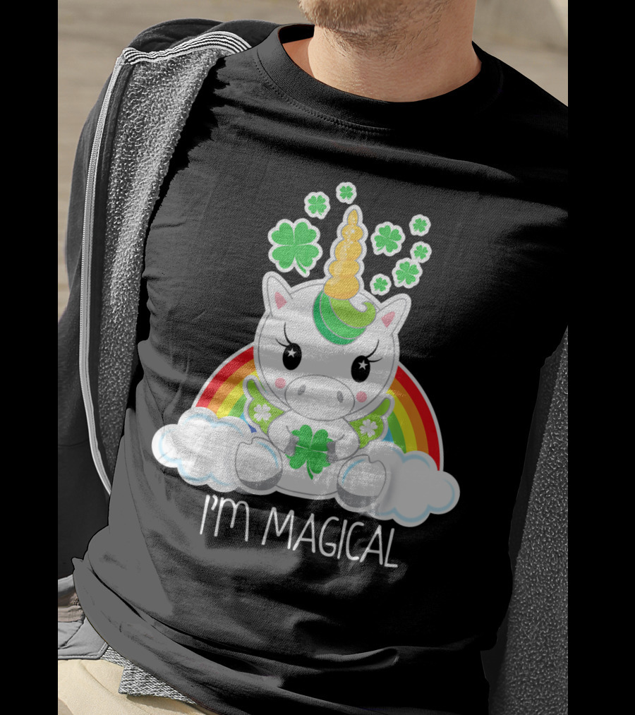 Girls Cute Unicorn I'm Magical Rainbow Clover T-Shirt