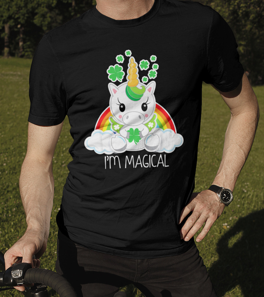 Girls Cute Unicorn I'm Magical Rainbow Clover T-Shirt