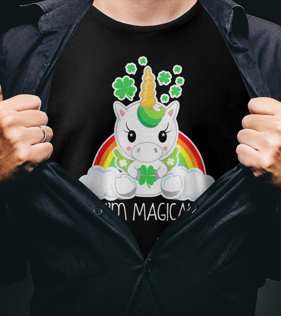 Girls Cute Unicorn I'm Magical Rainbow Clover T-Shirt