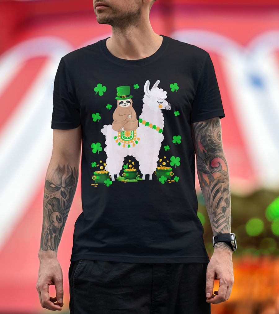 Leprechaun Sloth Riding Llama Surrounded by Shamrocks and Gold Coins St. Patric T-Shirt