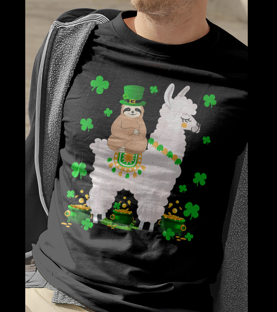 Leprechaun Sloth Riding Llama Surrounded By Shamrocks And Gold Coins St. Patric T-Shirt