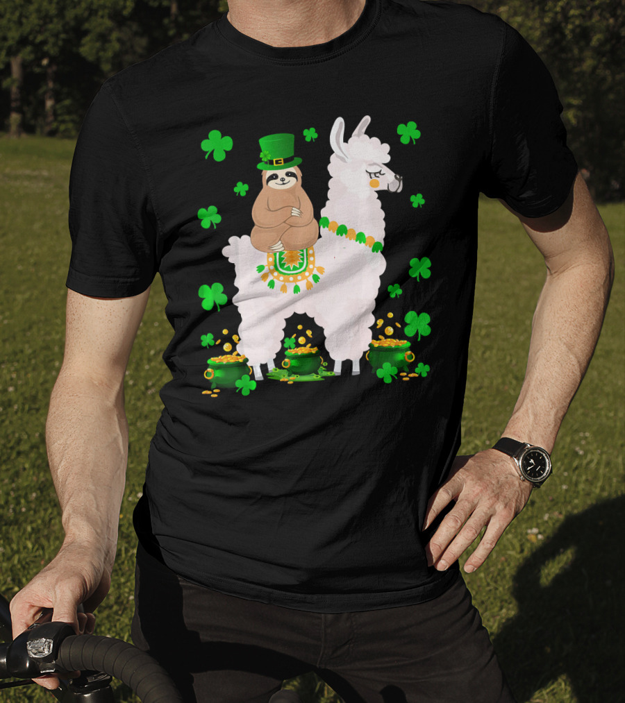 Leprechaun Sloth Riding Llama Surrounded By Shamrocks And Gold Coins St. Patric T-Shirt