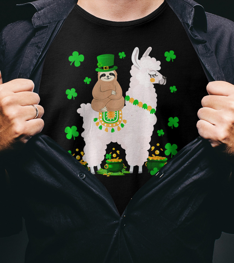 Leprechaun Sloth Riding Llama Surrounded By Shamrocks And Gold Coins St. Patric T-Shirt