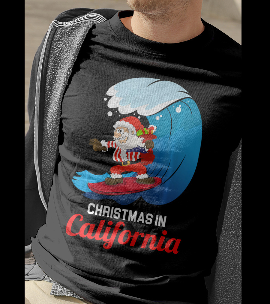 Santa Surfing Christmas In California T-Shirt