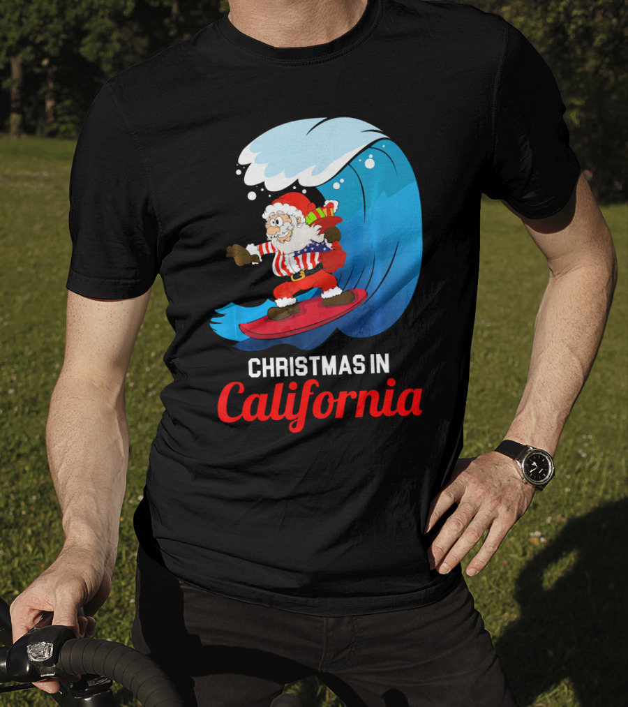 Santa Surfing Christmas In California T-Shirt
