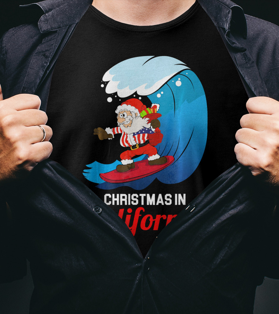 Santa Surfing Christmas In California T-Shirt