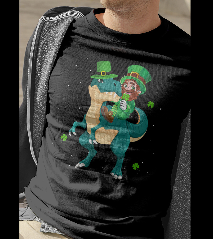 Leprechaun Riding Rex Dinosaur With Shamrocks And Stars T-Shirt