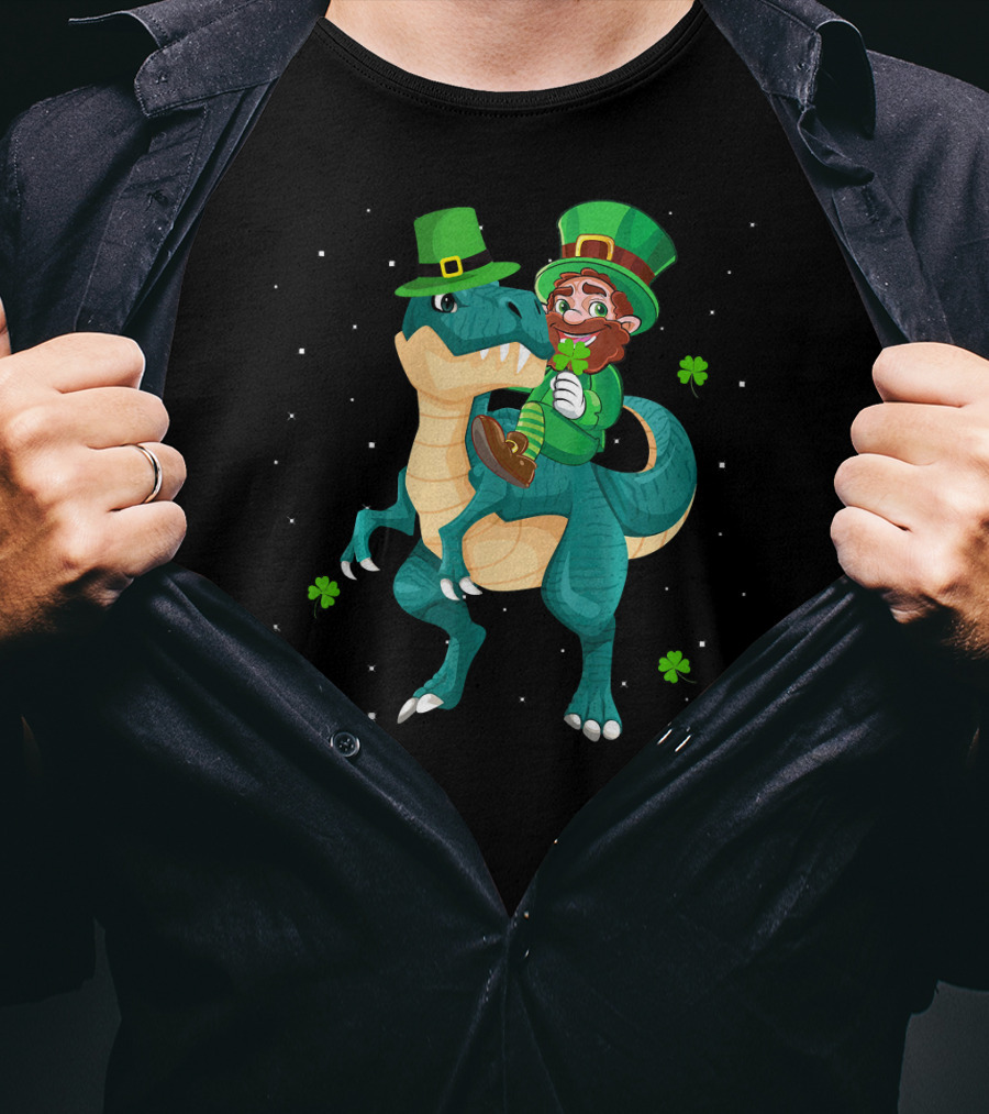 Leprechaun Riding Rex Dinosaur With Shamrocks And Stars T-Shirt