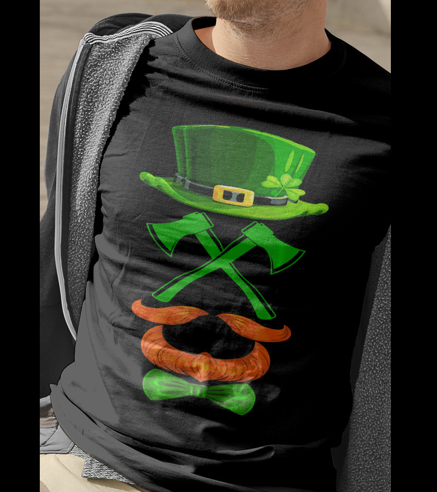 Leprechaun Hat And Crossed Axes With Orange Beard And Bow Tie T-Shirt