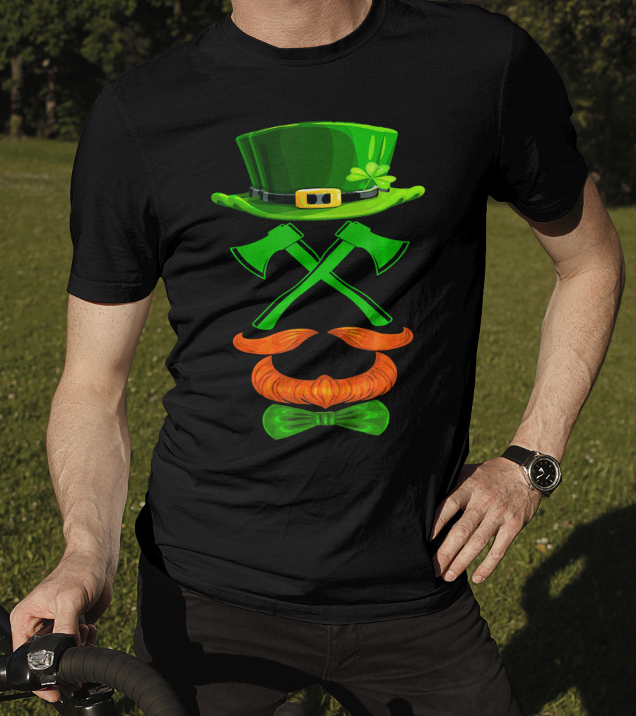 Leprechaun Hat And Crossed Axes With Orange Beard And Bow Tie T-Shirt