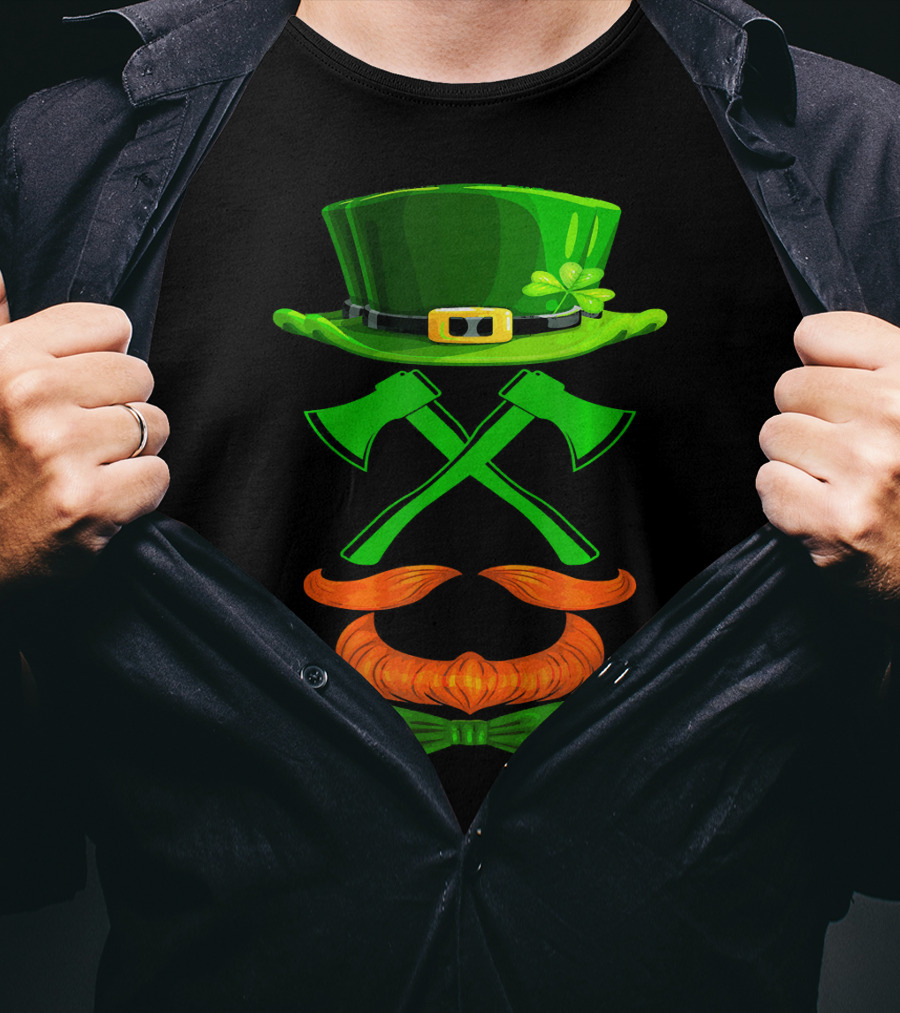 Leprechaun Hat And Crossed Axes With Orange Beard And Bow Tie T-Shirt