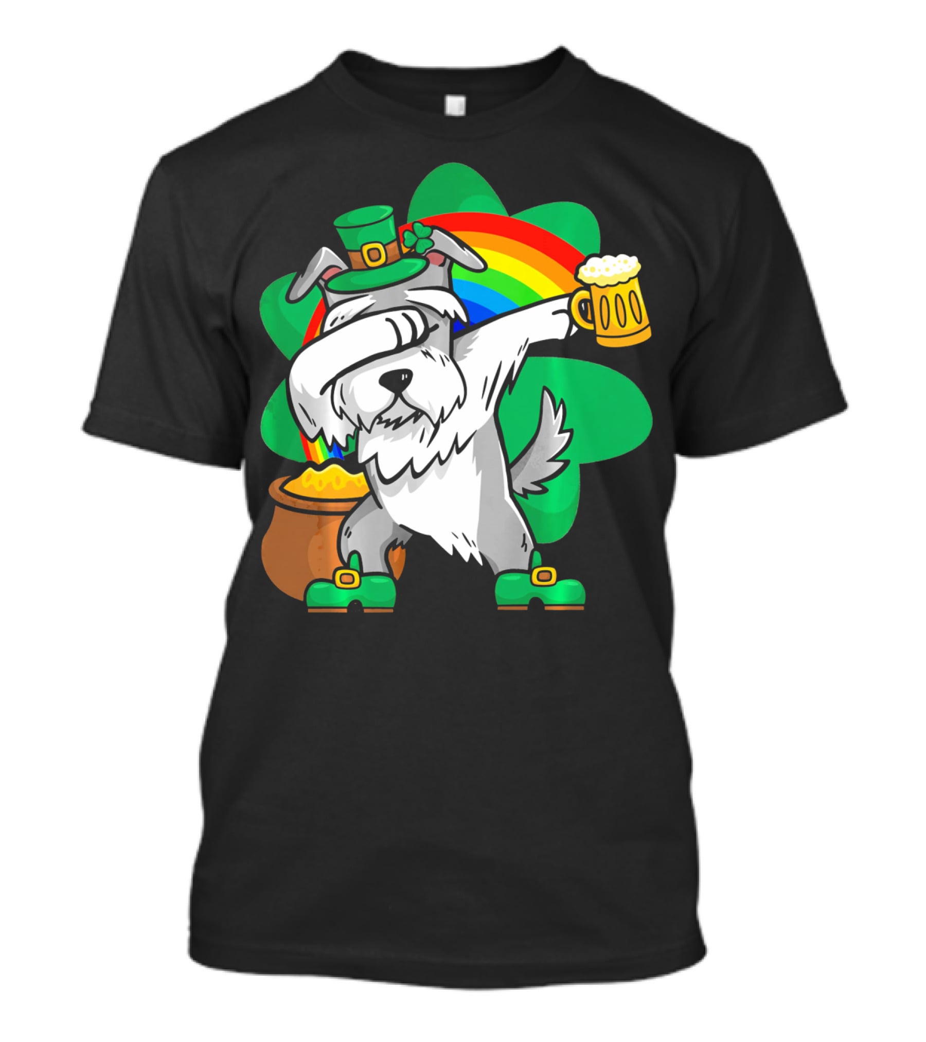 Funny Dabbing Schnauzer Leprechaun With Beer And Rainbow T-Shirt