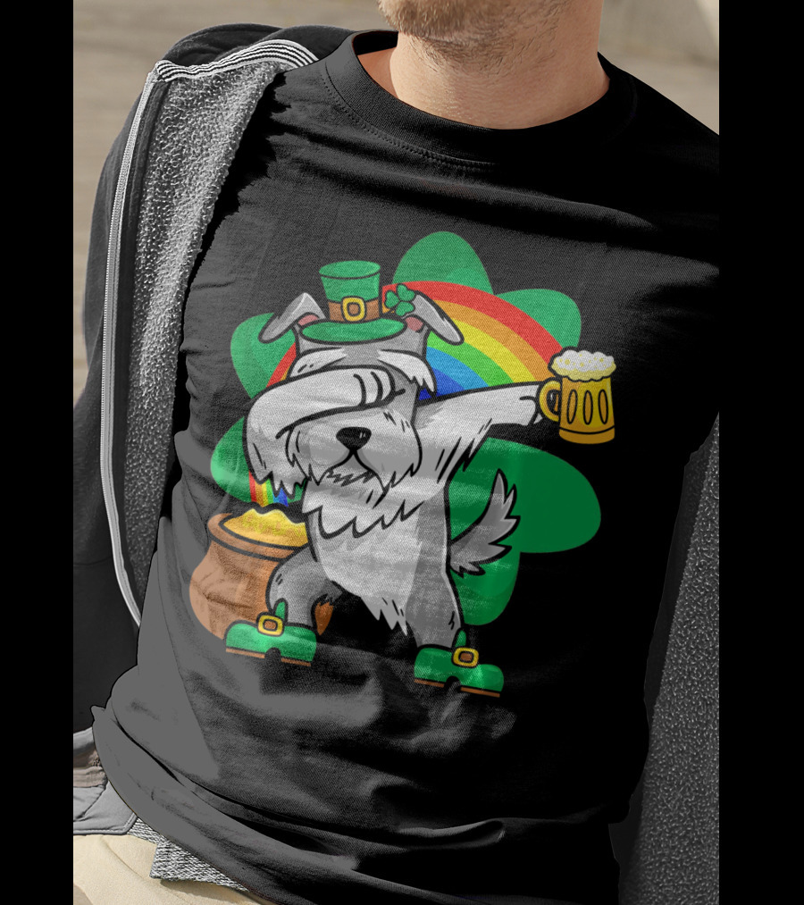 Funny Dabbing Schnauzer Leprechaun With Beer And Rainbow T-Shirt