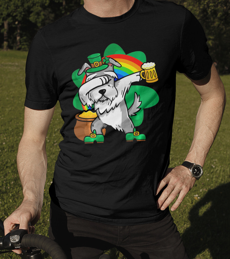 Funny Dabbing Schnauzer Leprechaun With Beer And Rainbow T-Shirt