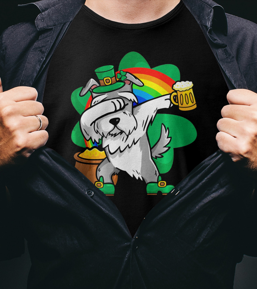 Funny Dabbing Schnauzer Leprechaun With Beer And Rainbow T-Shirt