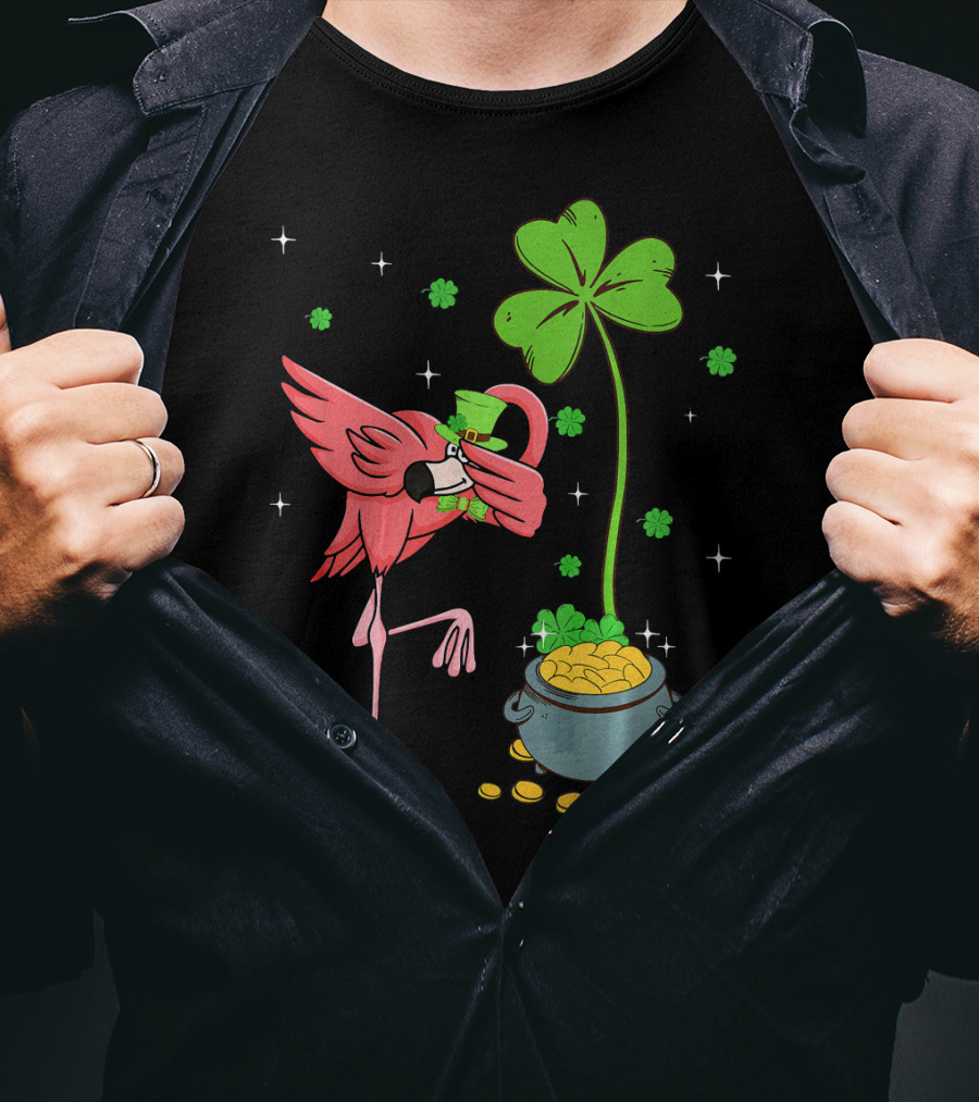 Shamrock Leprechaun Flamingo St Patricks Pot Of Gold T-Shirt