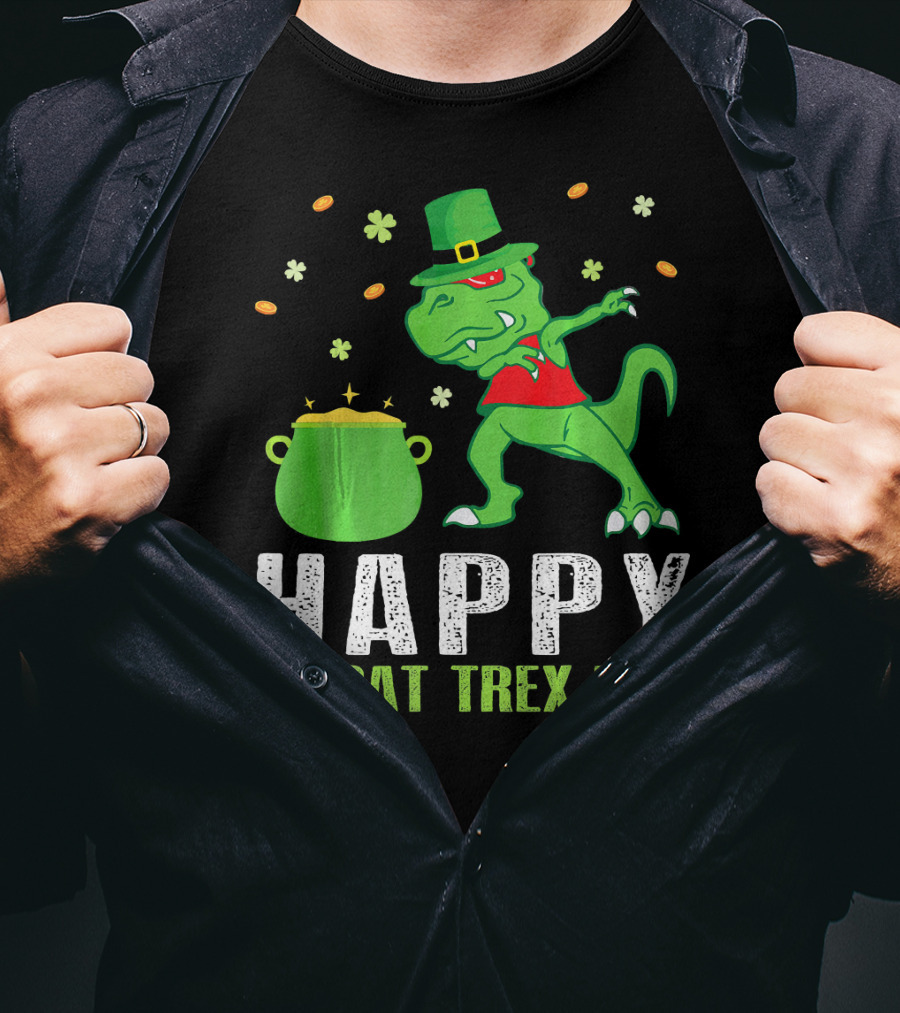 Happy St. Pat T-Rex Day Dinosaur Leprechaun Dabbing Pot Gold T-Shirt