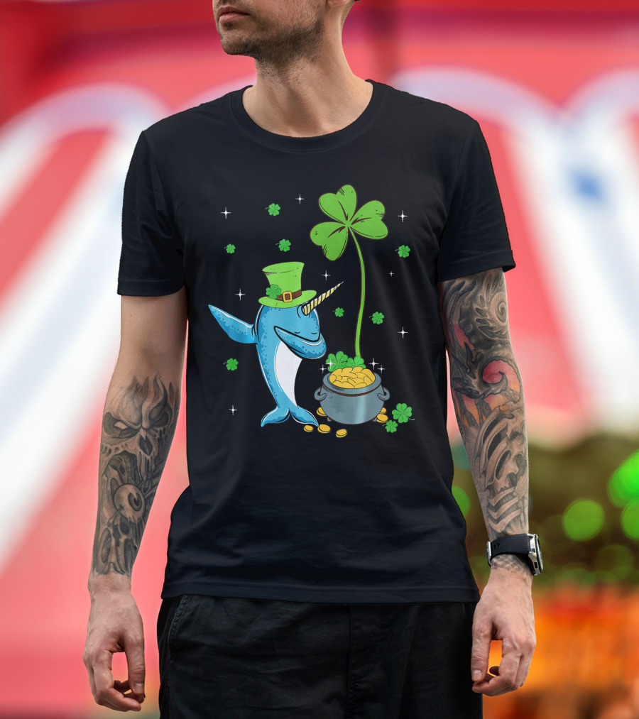 Shamrock Leprechaun Narwhal with Pot of Gold St Patricks T-Shirt