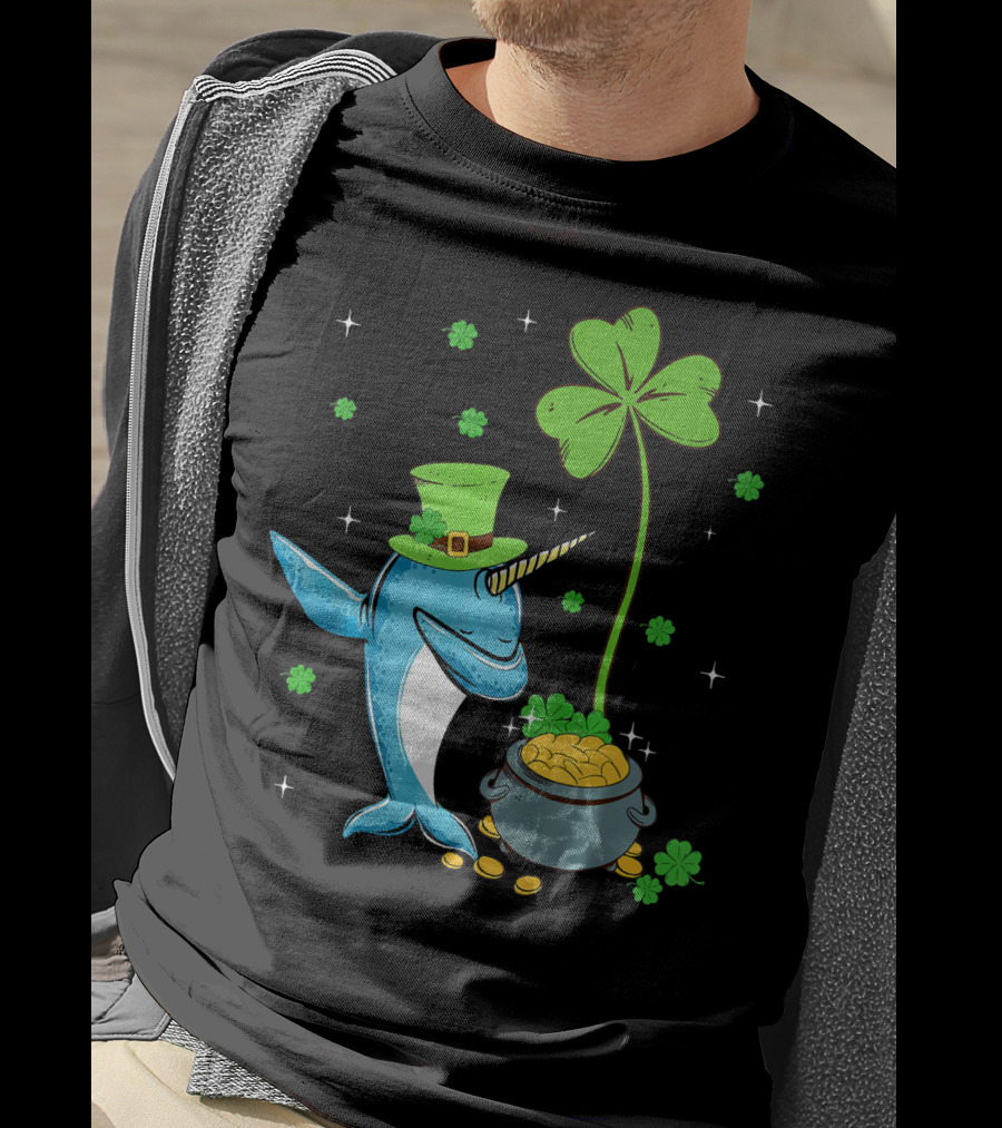 Shamrock Leprechaun Narwhal With Pot Of Gold St Patricks T-Shirt