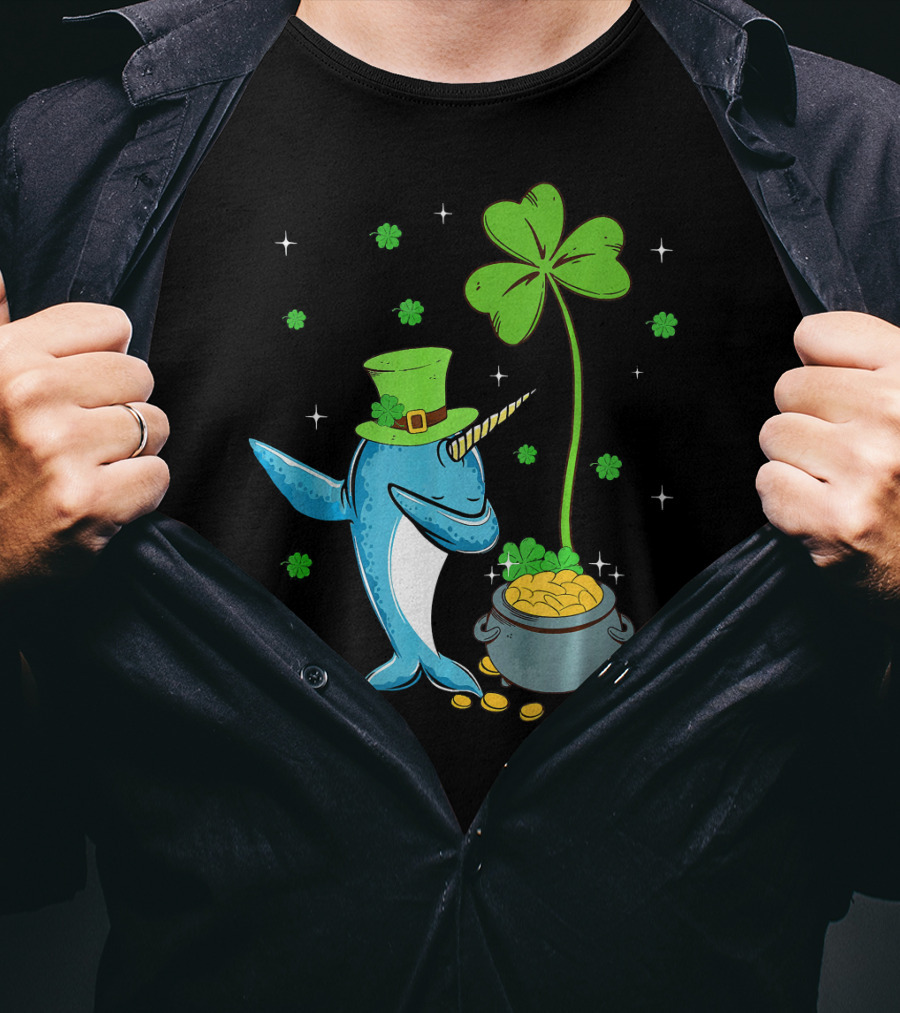 Shamrock Leprechaun Narwhal With Pot Of Gold St Patricks T-Shirt