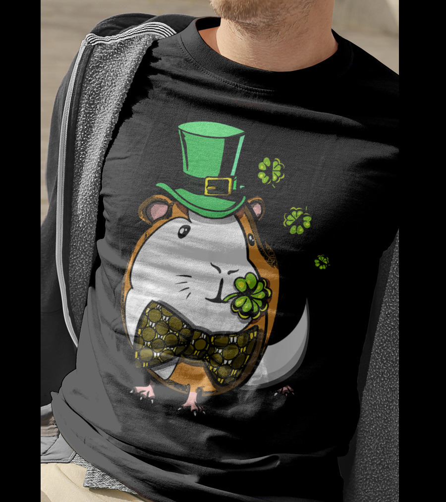 Leprechaun Guinea Pig St Patricks Irish Clover Bow Tie Green Hat T-Shirt