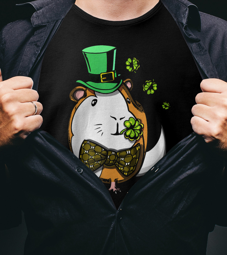 Leprechaun Guinea Pig St Patricks Irish Clover Bow Tie Green Hat T-Shirt