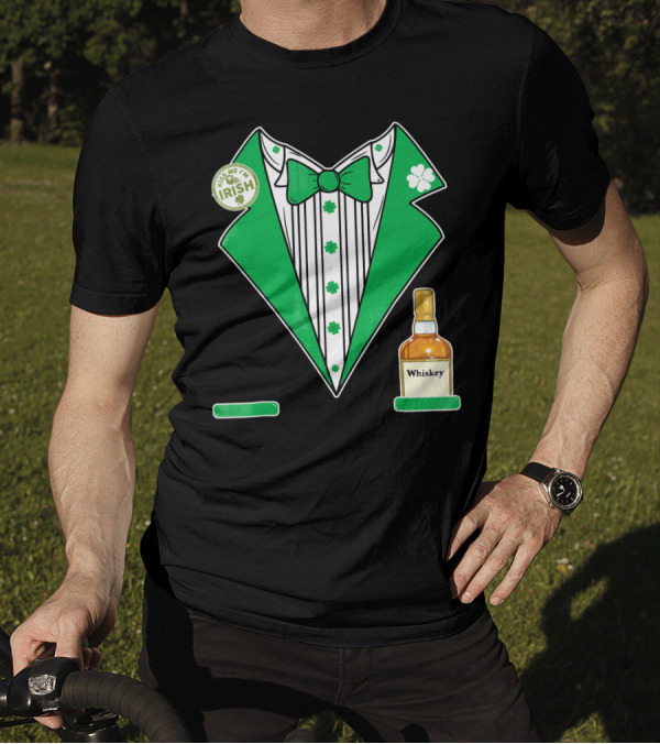 Kiss Me I'm Irish St. Patrick's Day Tuxedo With Whiskey Bottle And Shamrock T-Shirt