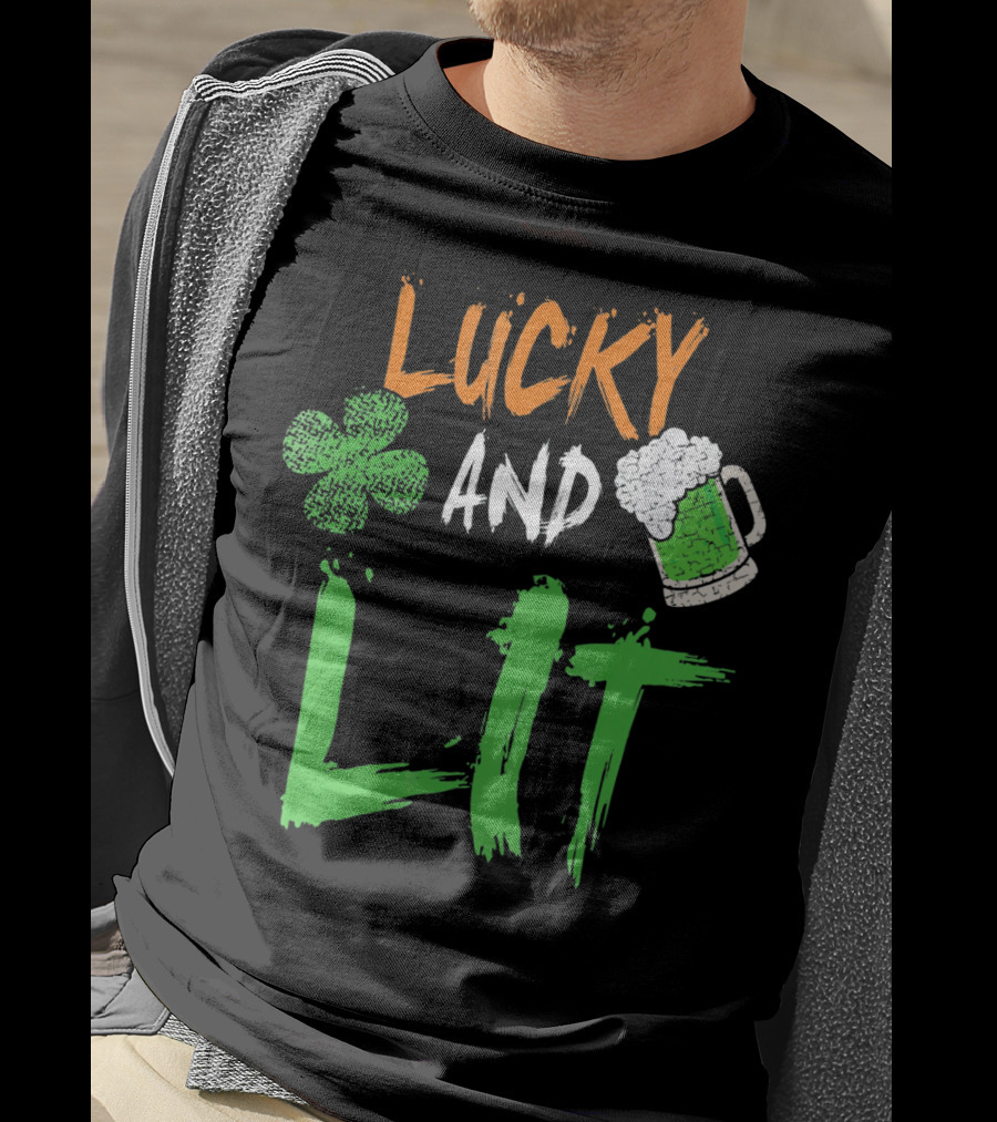 Lucky And Lit Irish Flag Shamrock Beer St. Patrick's Day T-Shirt