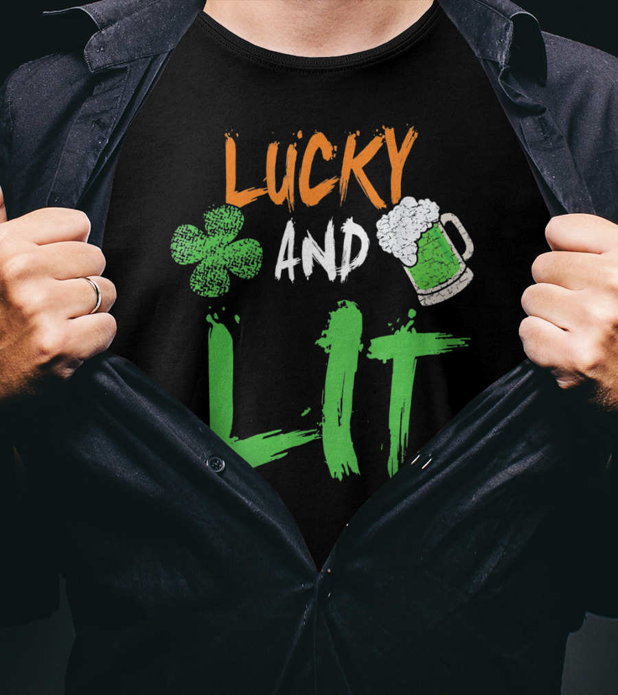 Lucky And Lit Irish Flag Shamrock Beer St. Patrick's Day T-Shirt