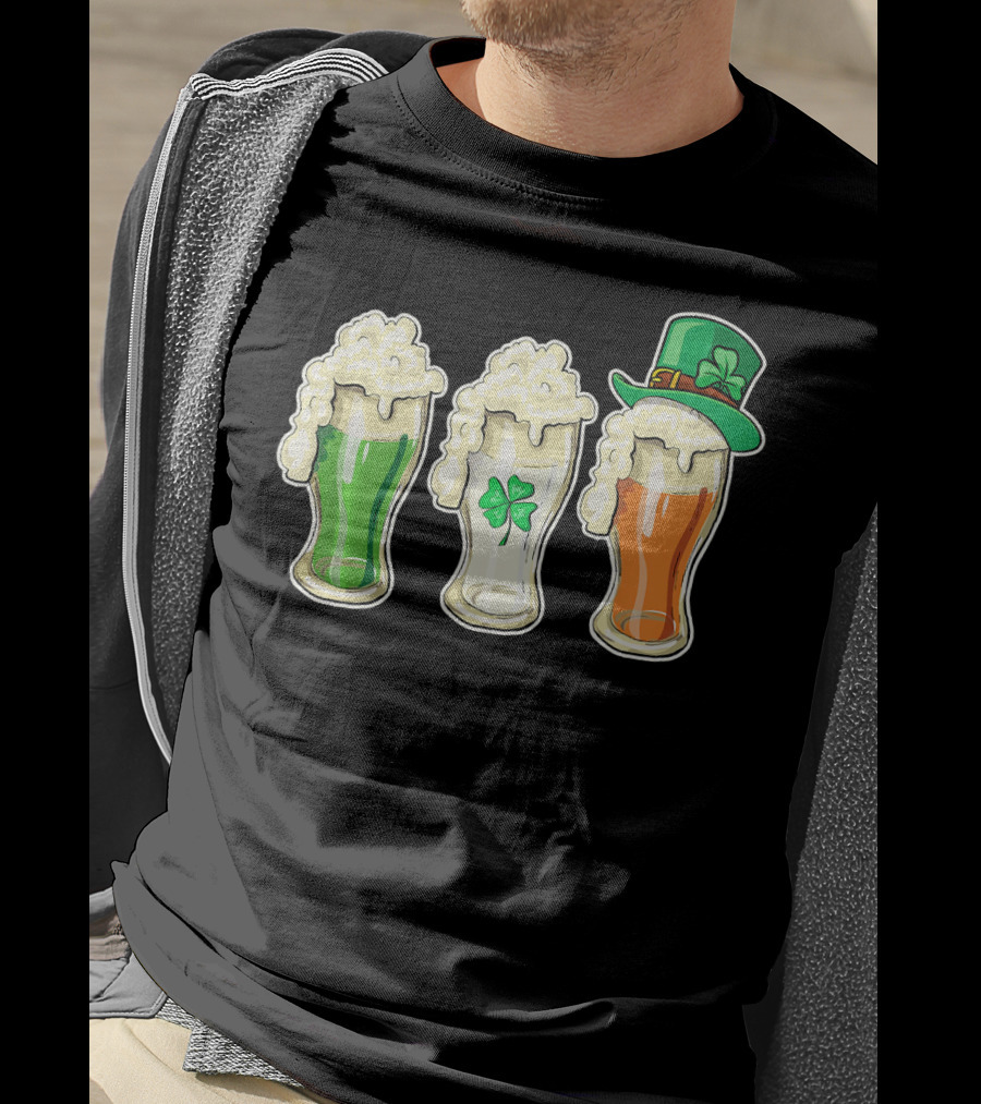 Irish Flag Beer Glasses With Shamrock And Leprechaun Hat T-Shirt